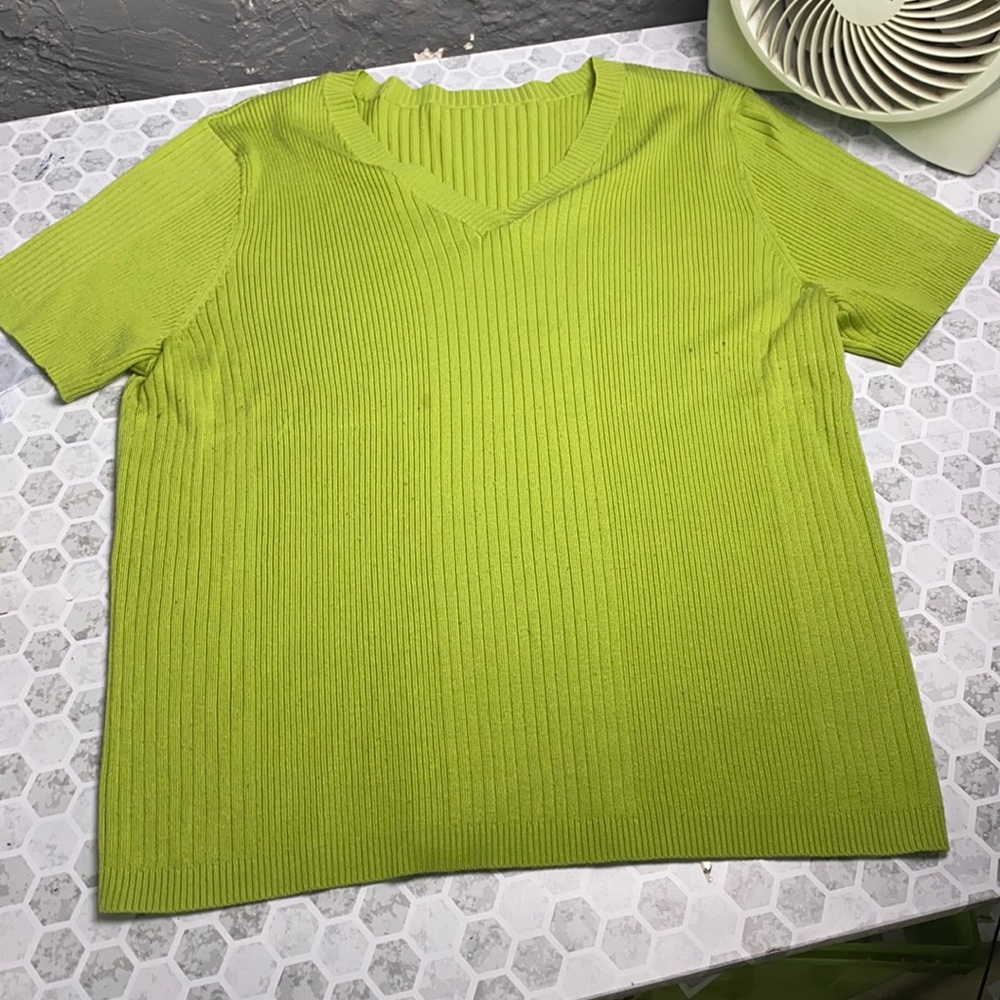 Green V Neck Large Short Sleeve Sweater Top